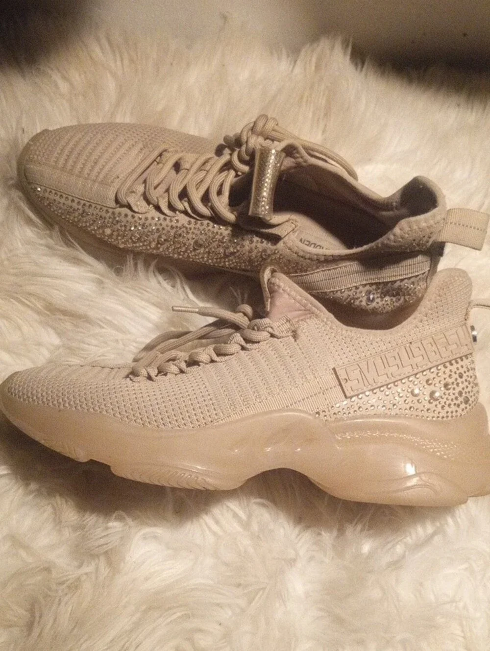 Steve Madden Beige Knit Sneaker with Rhinestone Accent